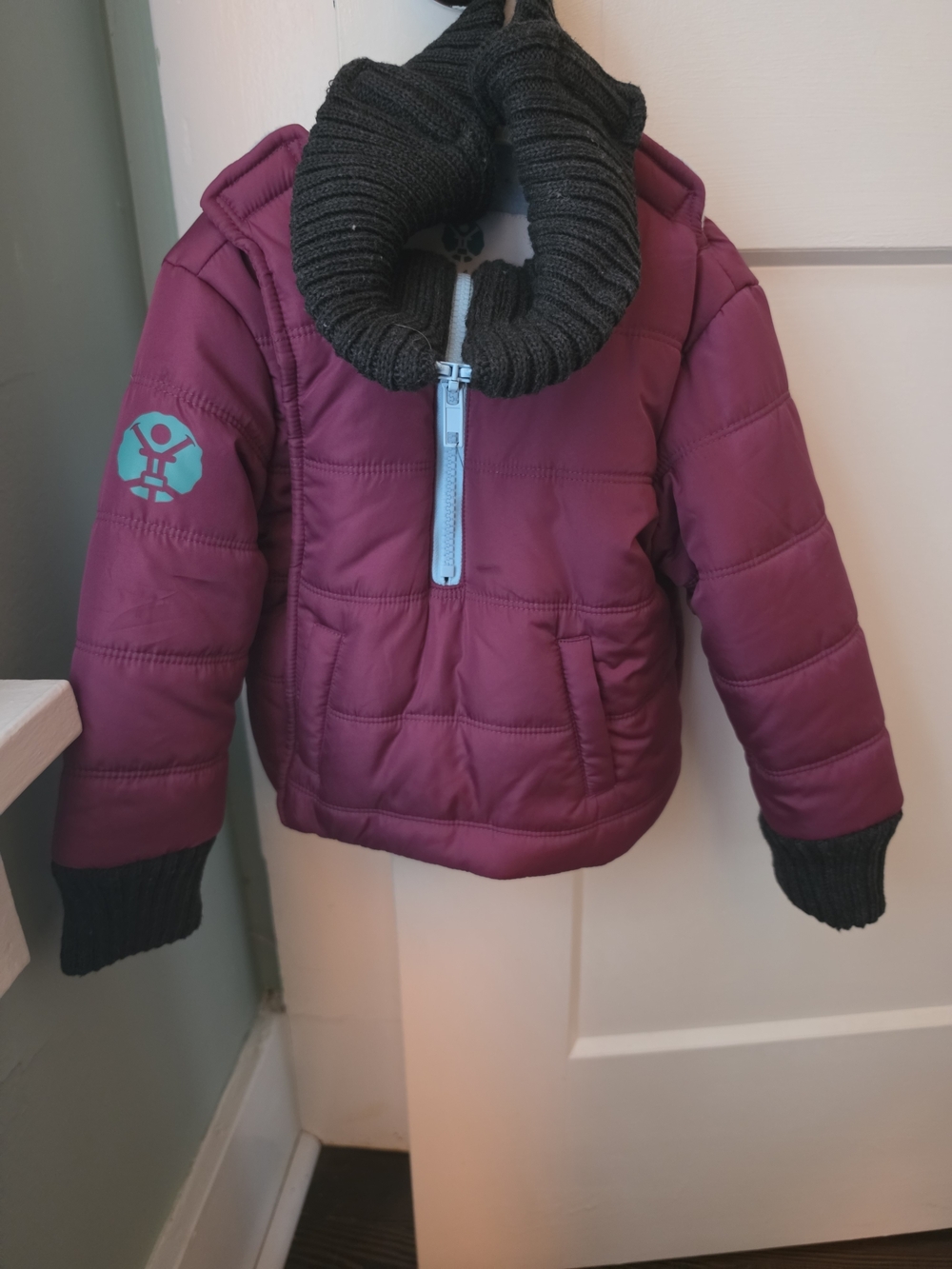 Buckle Kids Plum Puffer Jacket with Black Knit Collar 6-9M